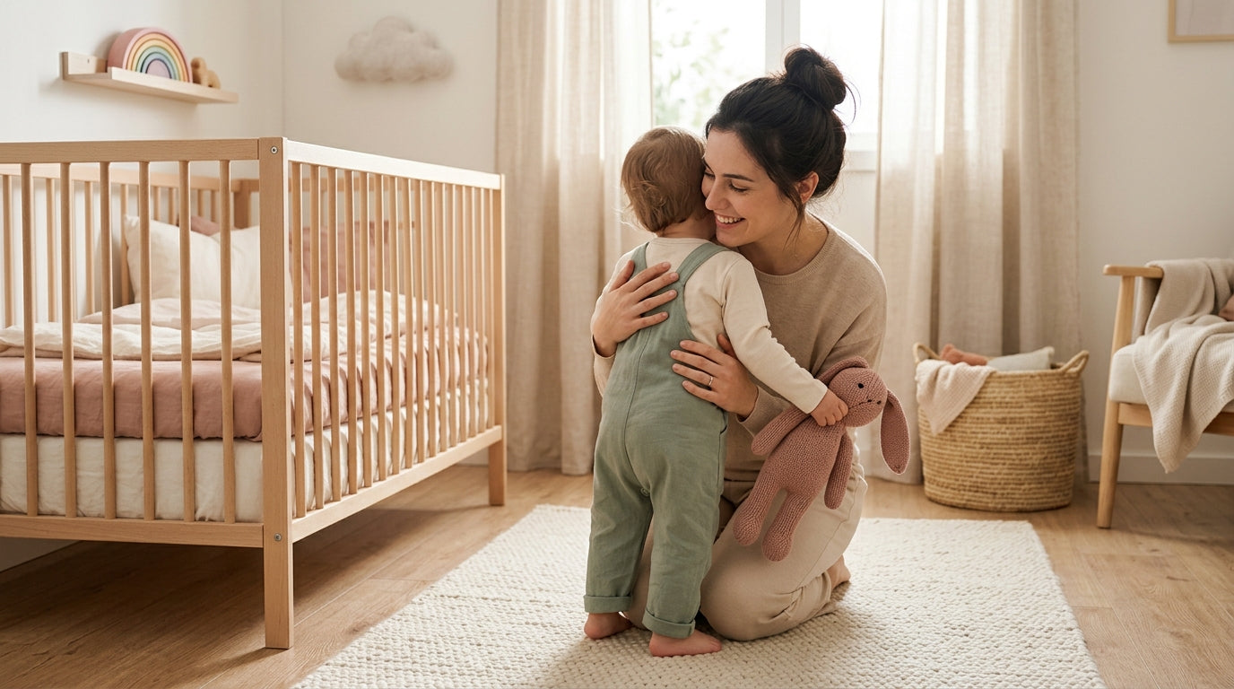 Toddler sitting on a playmat looking frustrated next to scattered wooden blocks