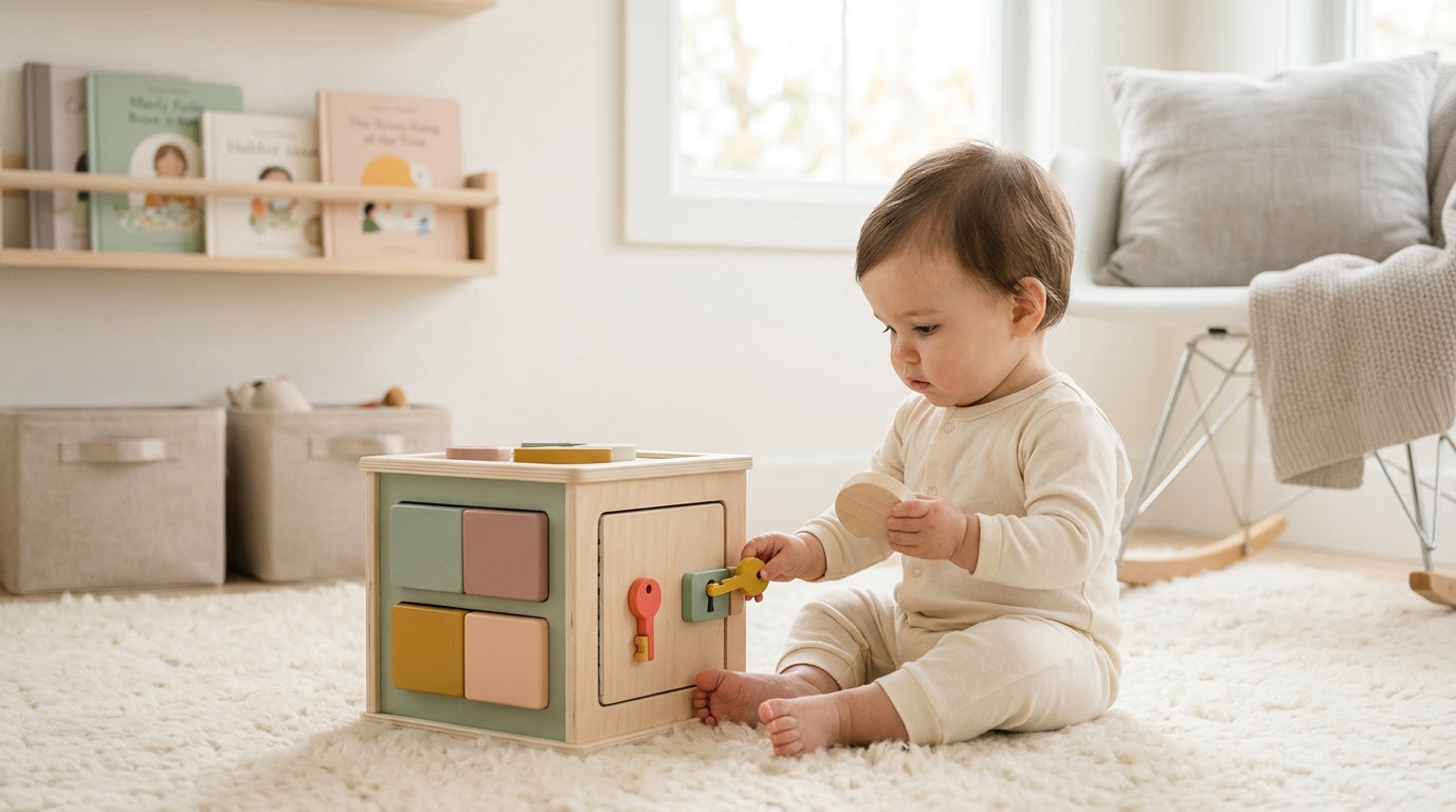 Tired dad looking at a laptop while baby holds a spoon like a weapon