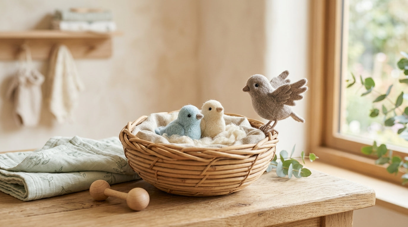 Toddler girl looking at a small bird in the grass while wearing an organic cotton romper.