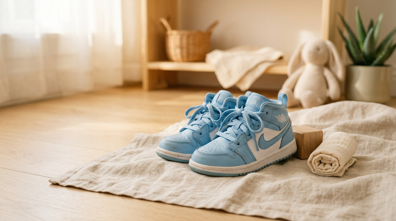 A frustrated toddler sitting on mulch wearing unlaced baby blue Jordans and holding a Kianao blanket.