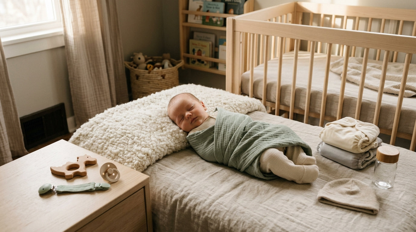 A tired dad holding a wooden toy dragon while a toddler plays on a rug