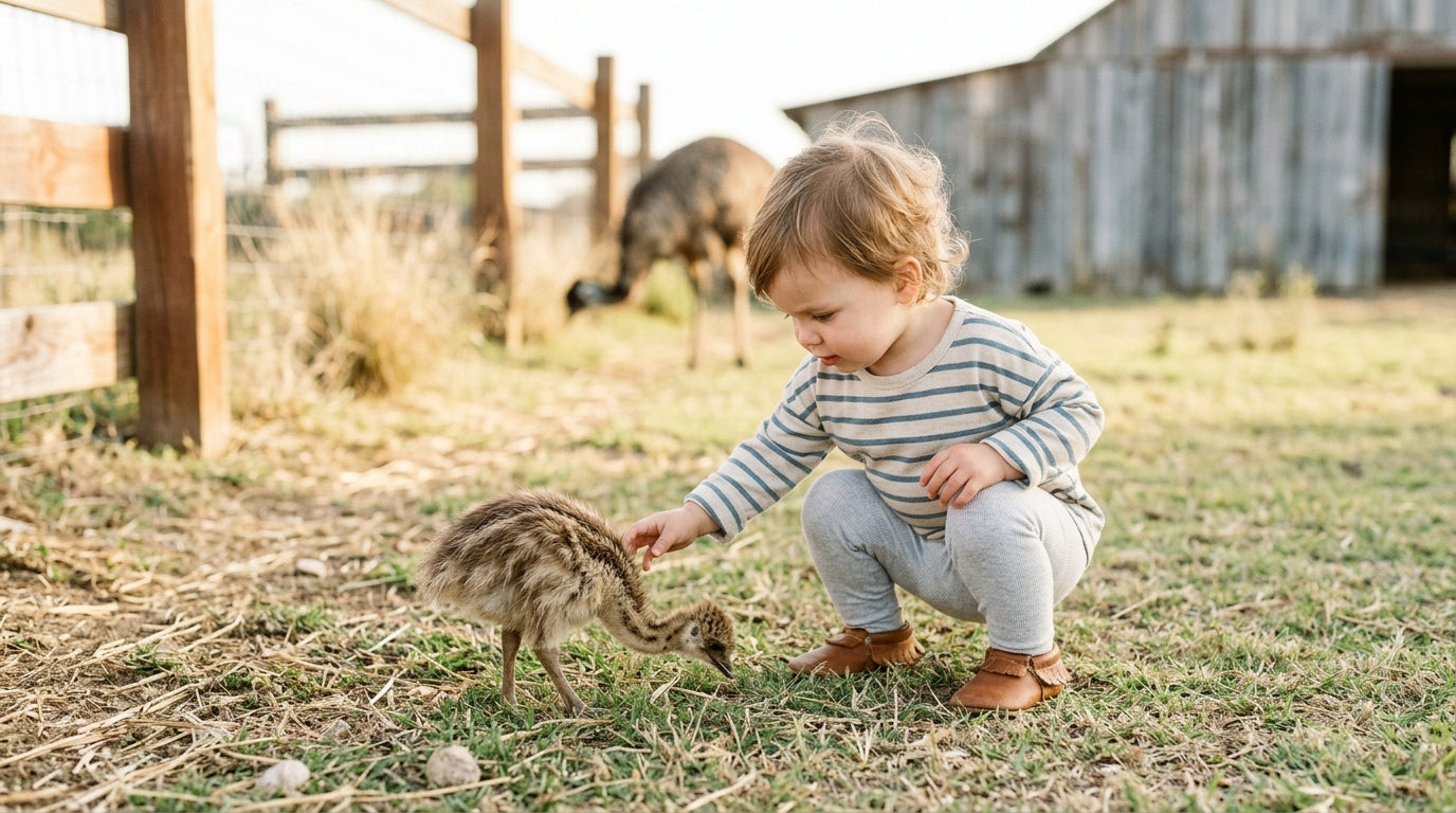 Toddler in mud boots reaching toward an animal pen at a Texas farm