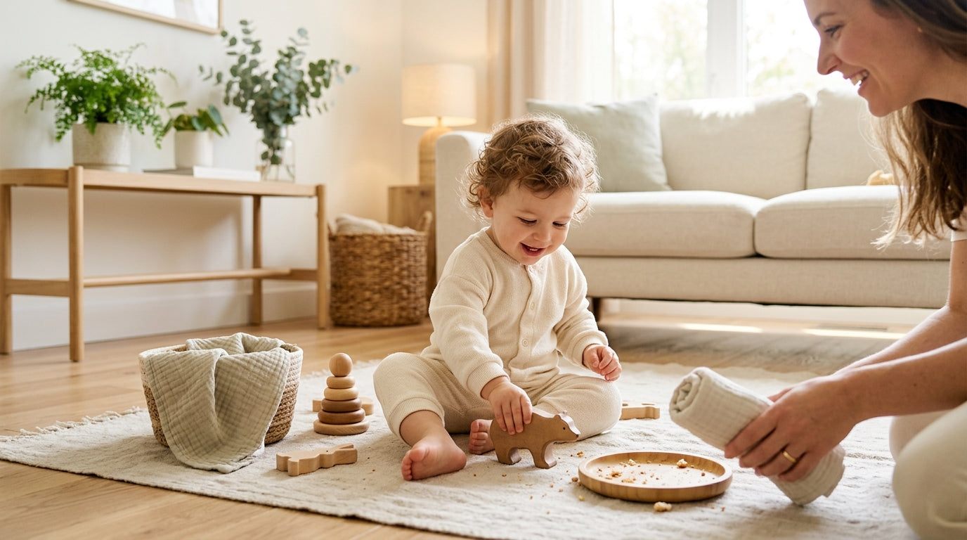 A tired mother holding a teething baby while looking at her phone in a dim room.