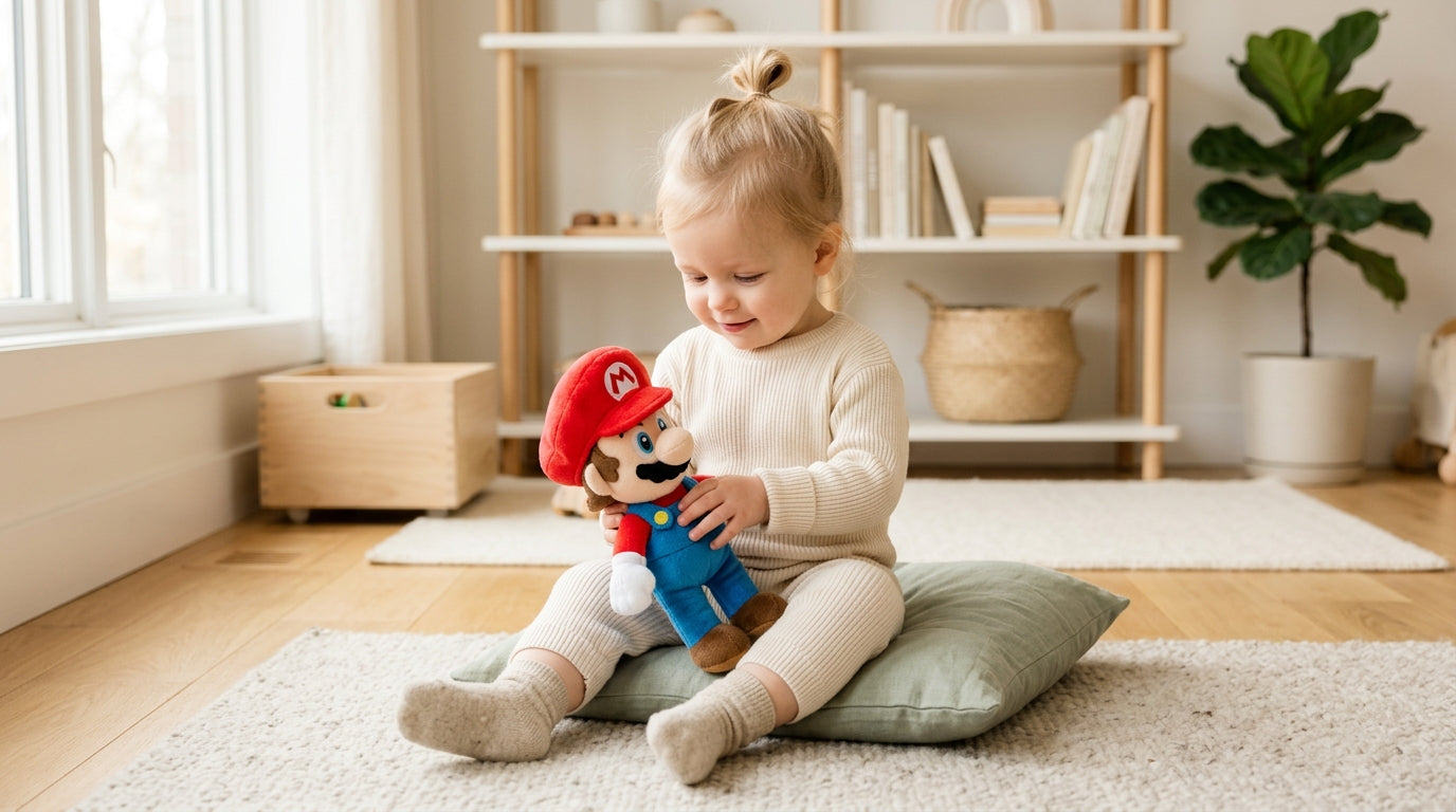 Toddler holding a game controller while wearing a red organic cotton bodysuit
