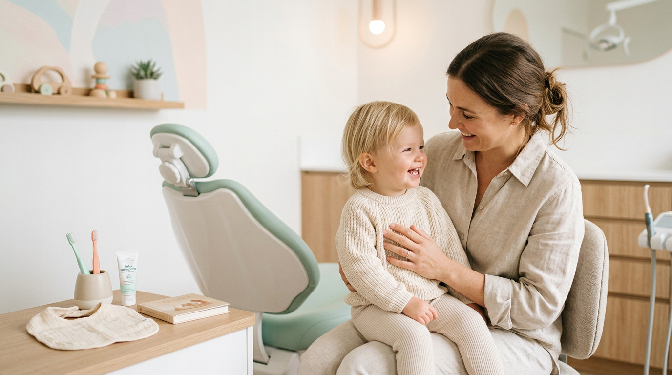 A toddler sitting in a dental chair getting ready for a baby teeth xray.