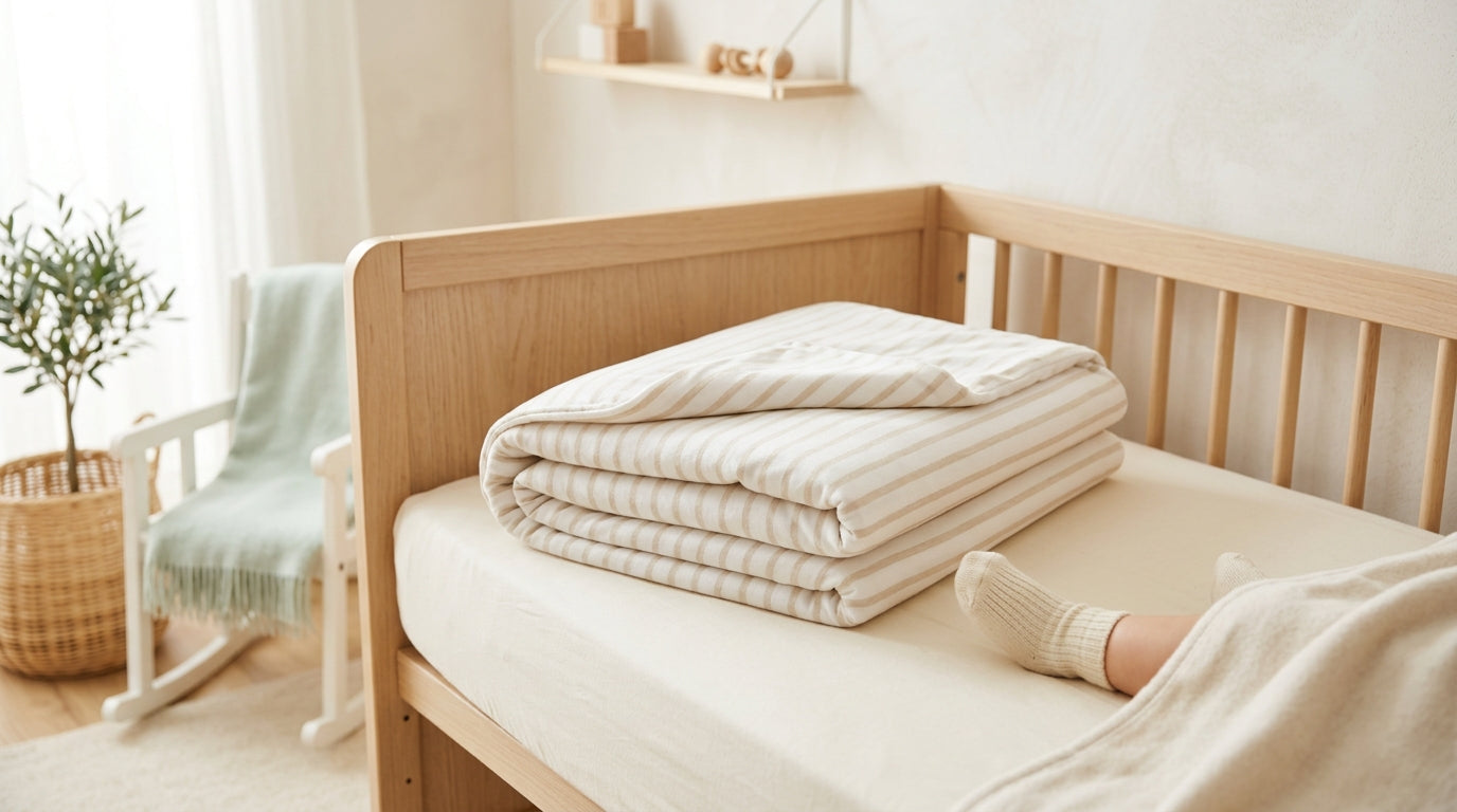 Crumpled bamboo duvet in a toddler bed next to a stuffed animal