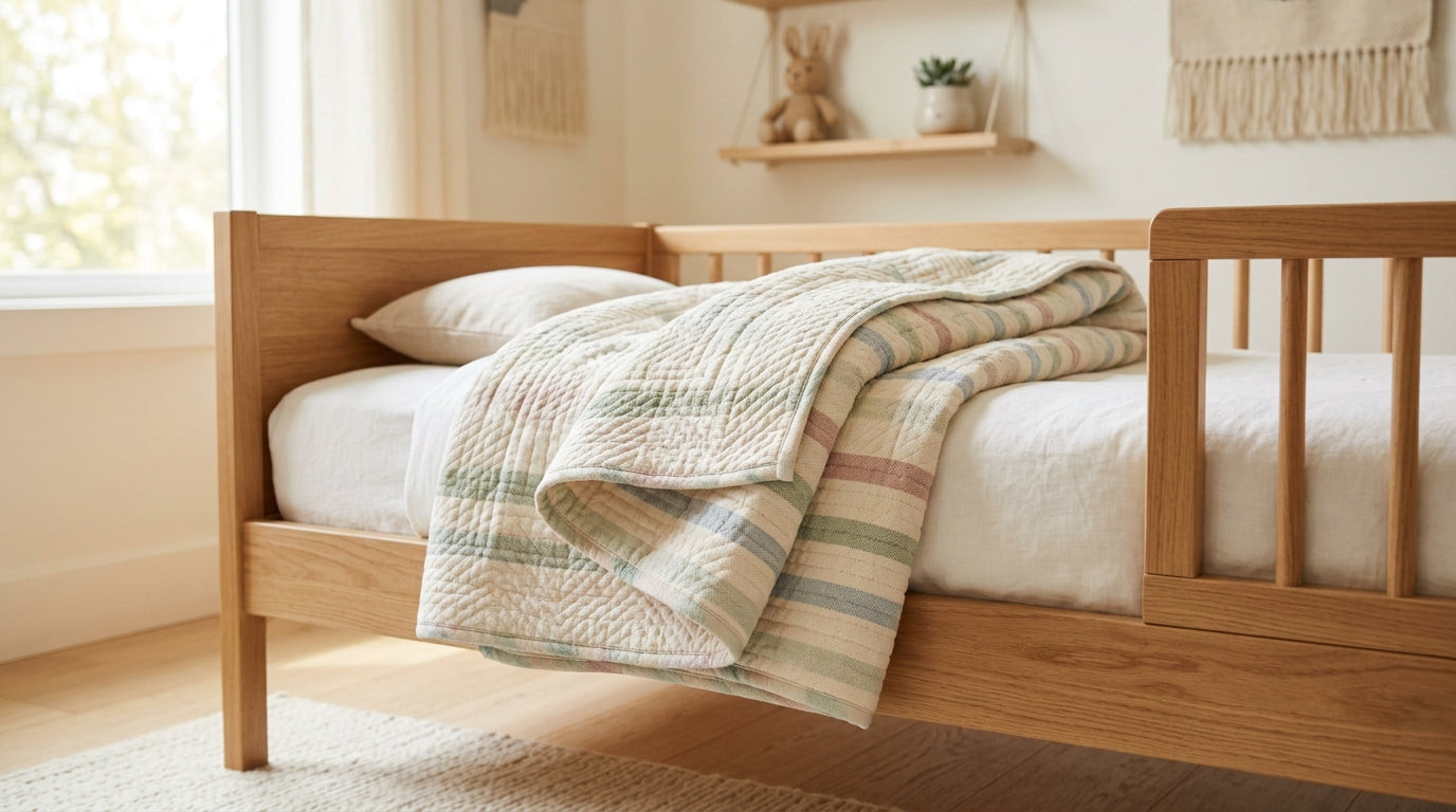A crumpled bamboo blanket hanging half out of a wooden toddler cot