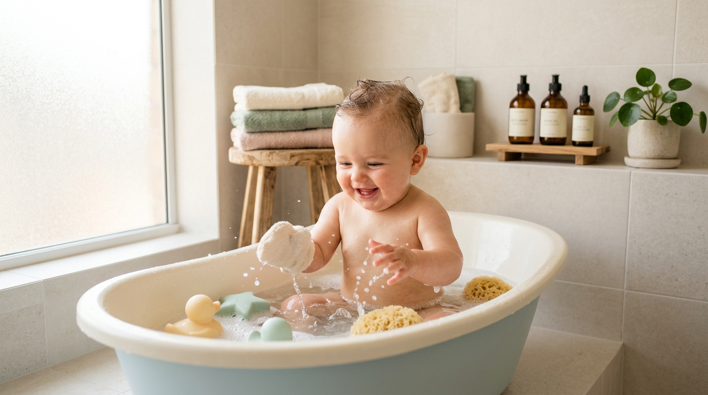 Twin dad surviving bath time while holding organic cotton clothes