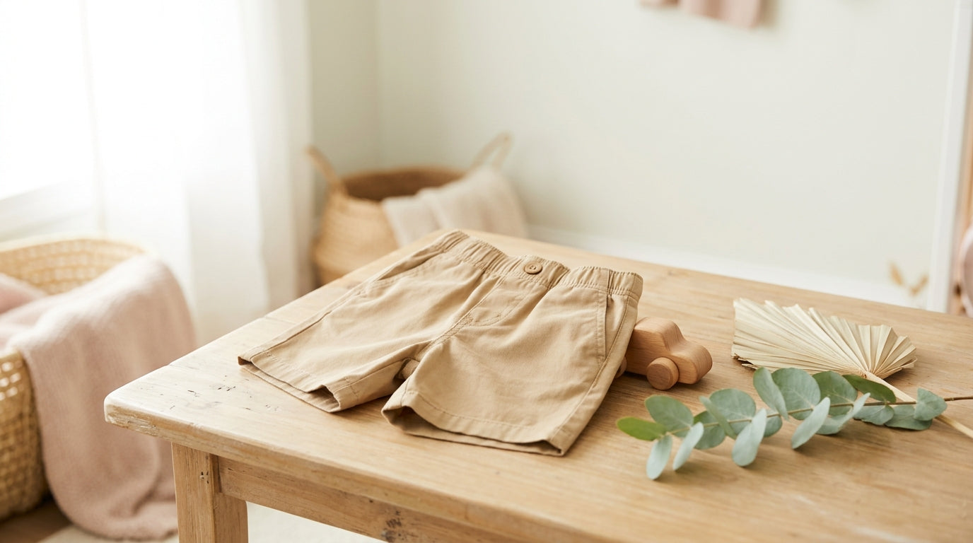 Toddler boy struggling to climb in long khaki shorts