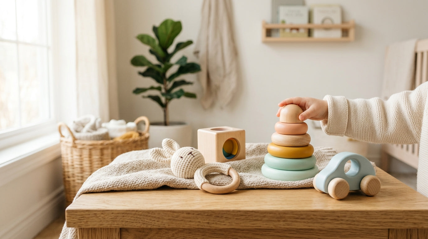 A deeply suspicious one-year-old holding a terrifyingly loud plastic power drill