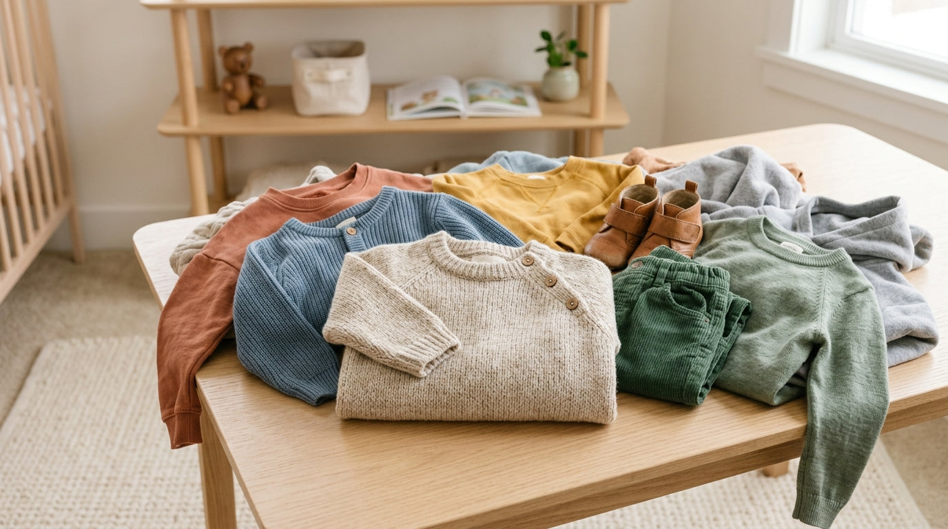 Toddler boy looking extremely annoyed while wearing a bulky winter sweater