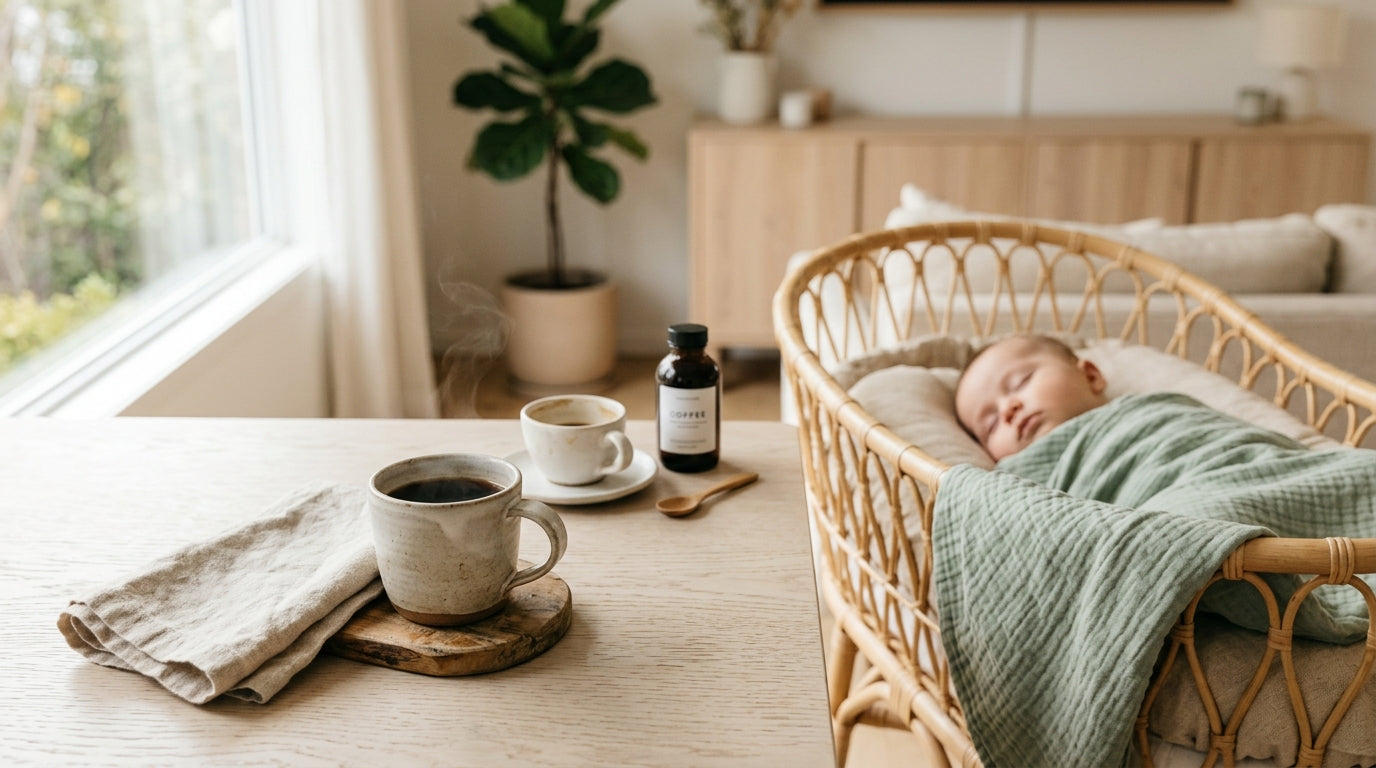 Tired dad holding a cup of hot coffee out of reach of twin toddlers.
