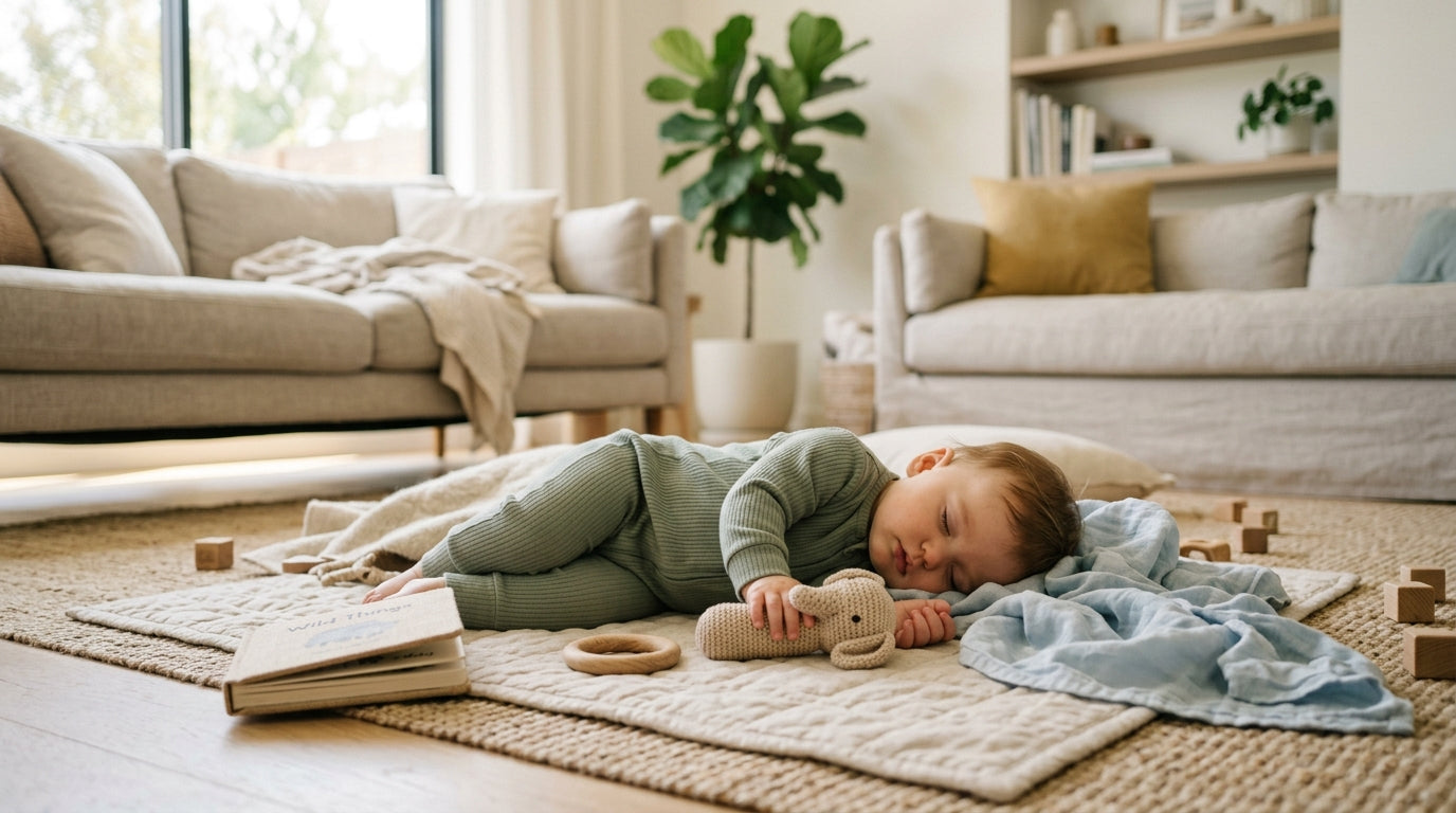 Toddler playing with wooden sensory toys on an organic cotton mat