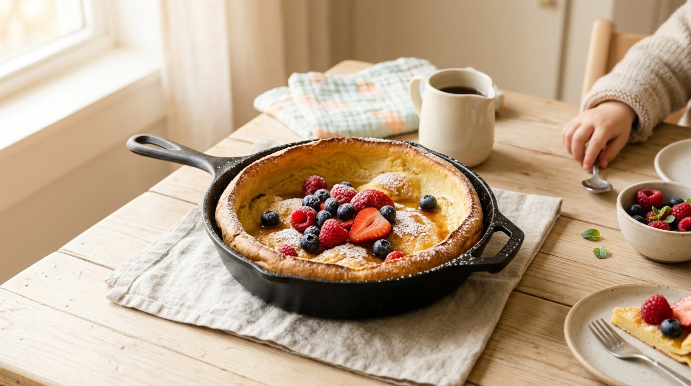 Toddler in organic cotton bodysuit eating a slice of dutch baby pancake