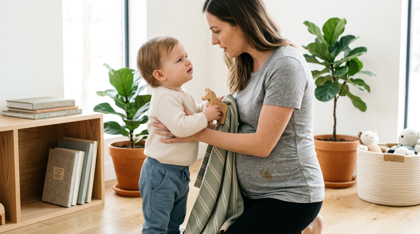 A tired pregnant mother drinking coffee while her toddler plays aggressively with a soft toy on the rug.