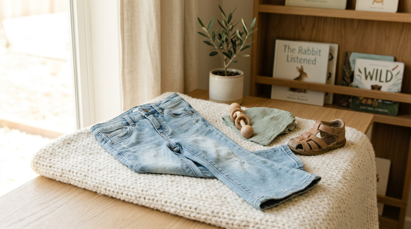 A toddler wearing toddler flare jeans and a white top at the playground