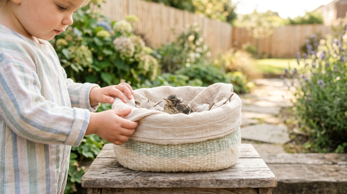 Confused dad looking at a fledgling bird in the grass while holding a baby