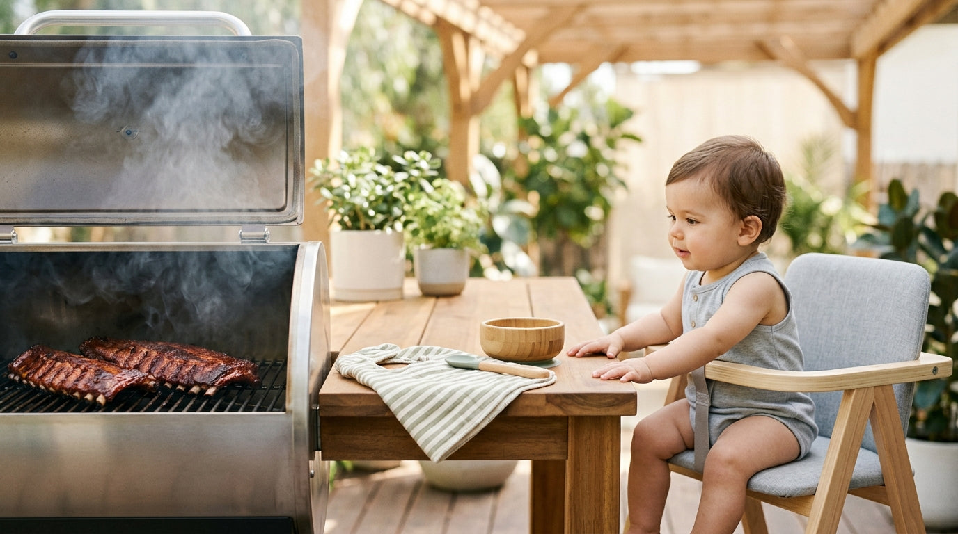 A dad holding a baby near a pellet smoker on a backyard patio
