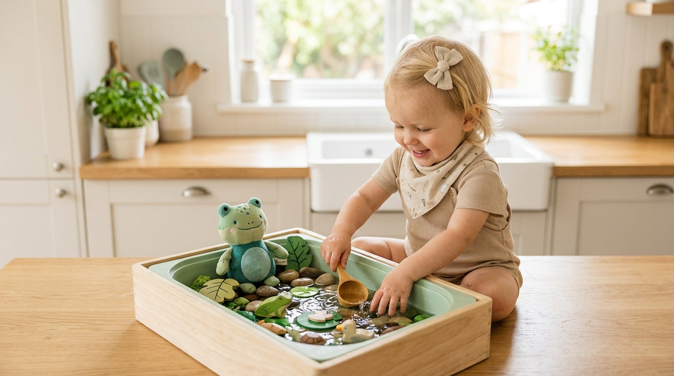 A toddler reaching for a tiny green amphibian in a muddy backyard puddle