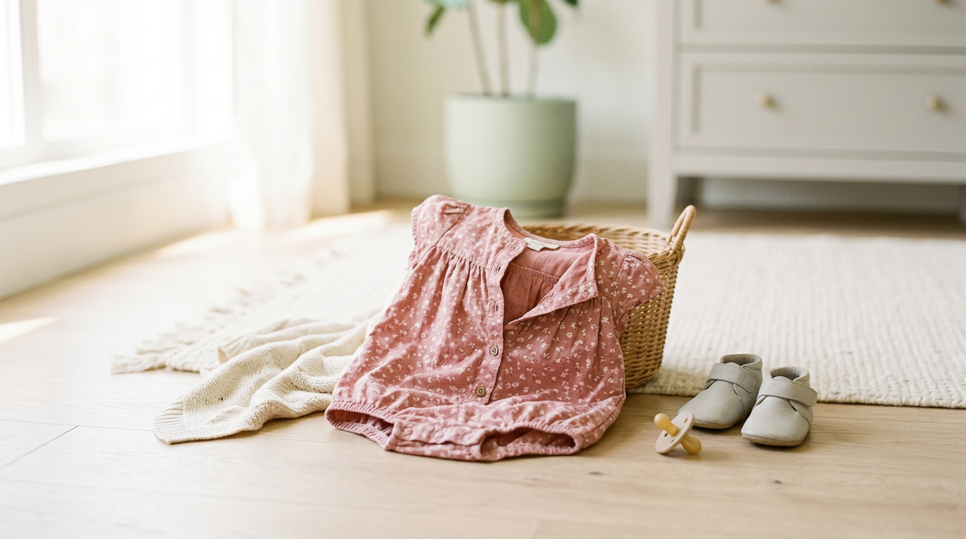Frustrated toddler girl in a bathroom trying to unfasten a complicated summer romper.