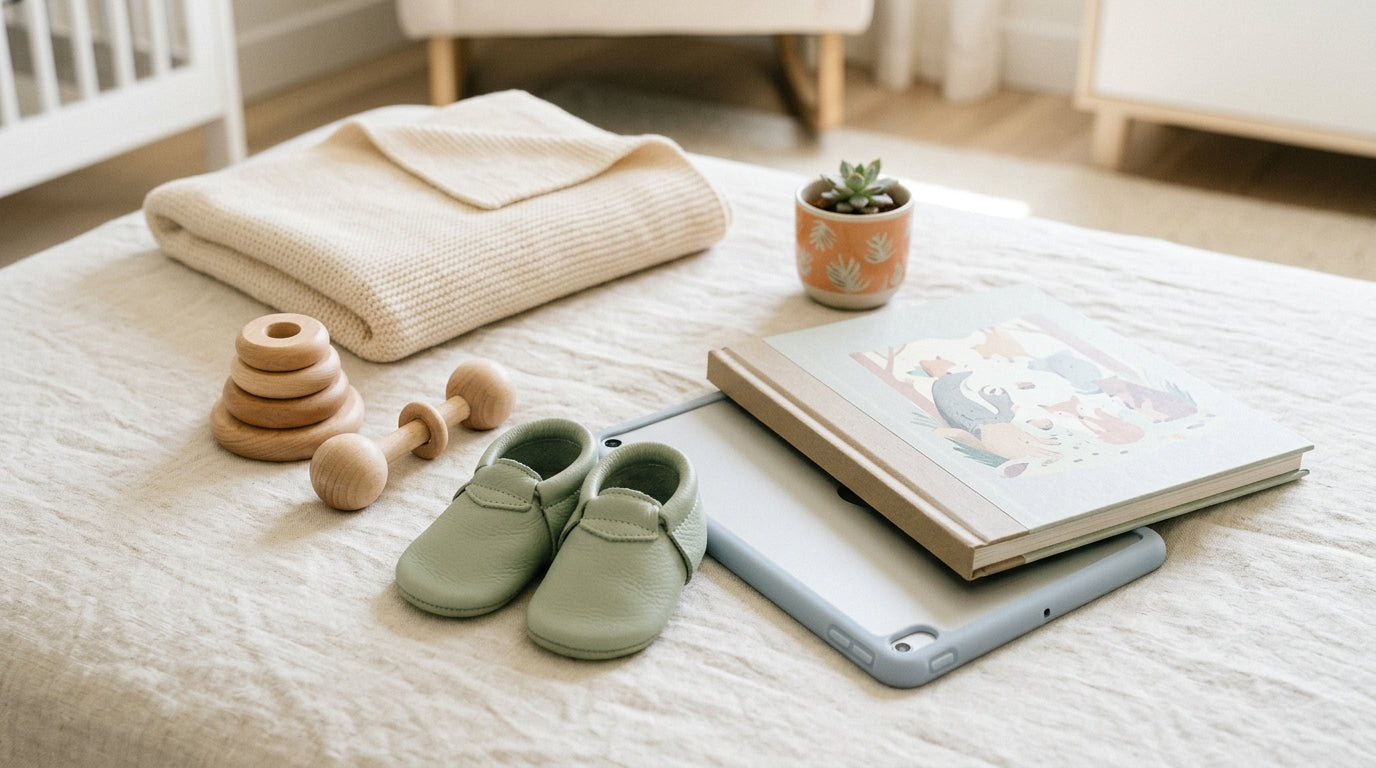 Twin toddler holding a smartphone while sitting on a living room rug