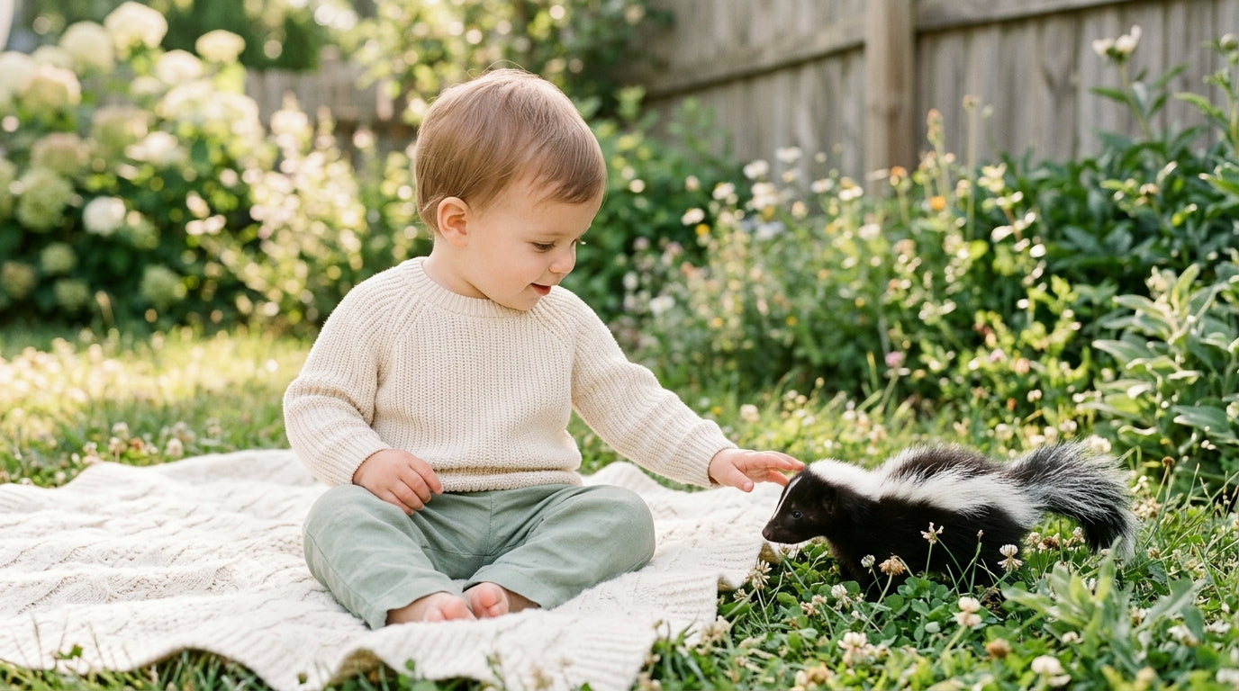 A confused toddler pointing at a baby skunk under a wooden backyard deck