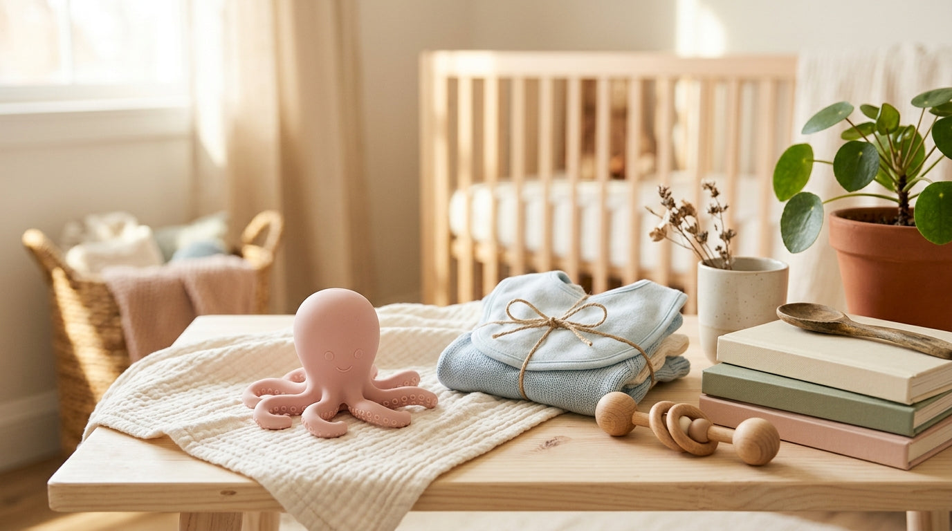 Stressed mom holding a rubbery seafood tentacle near a high chair