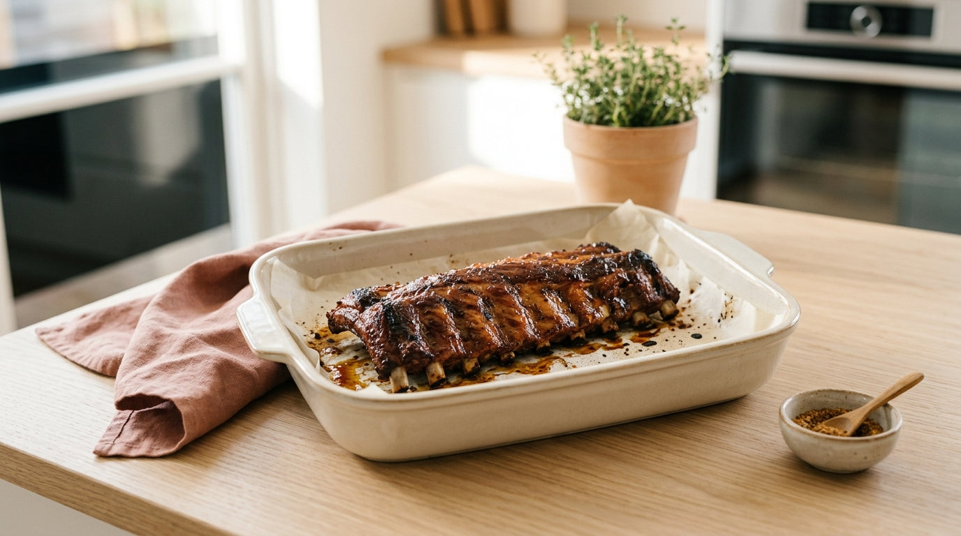A messy kitchen counter with raw ribs, aluminum foil, and a baby blanket.