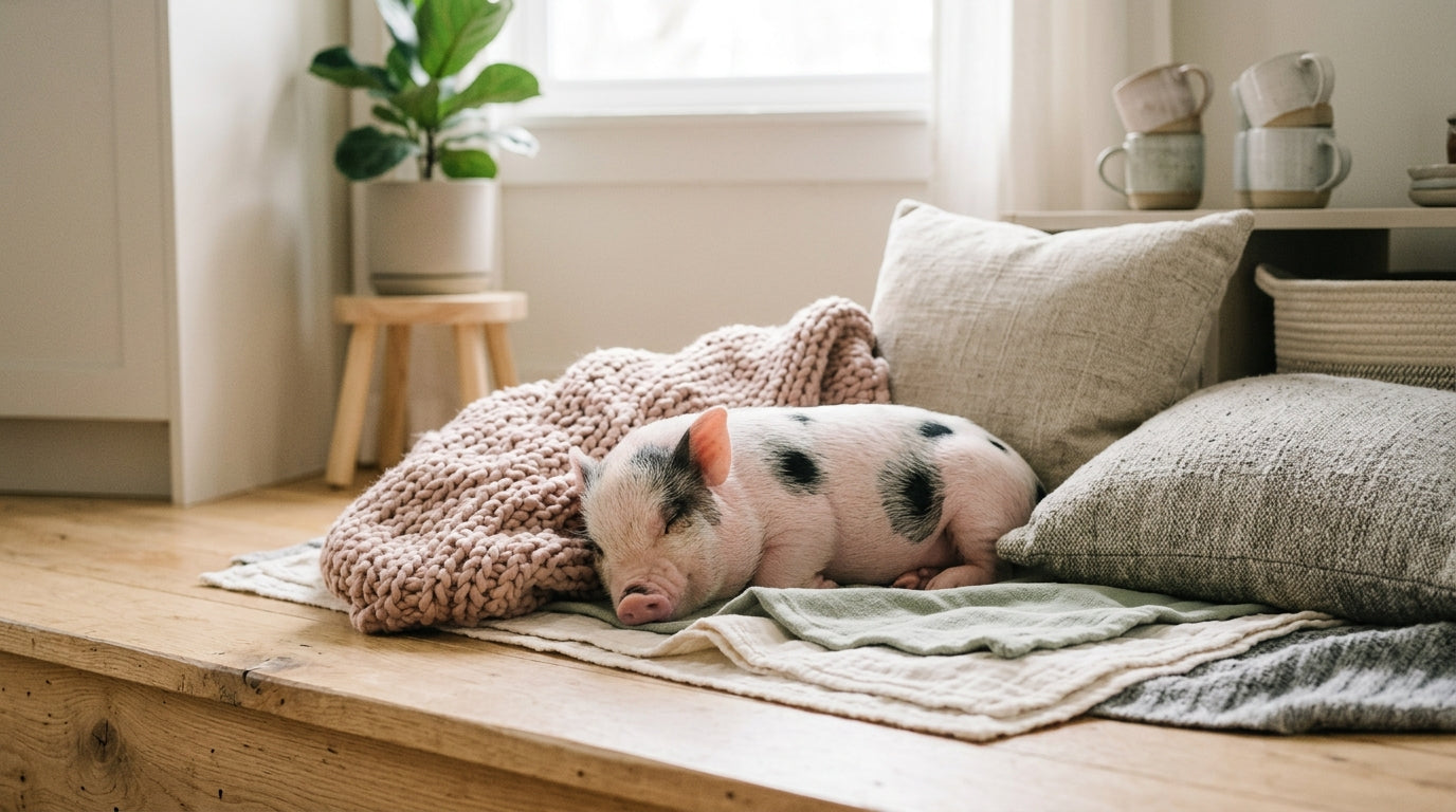A tiny baby pig standing next to scattered wooden nursery blocks