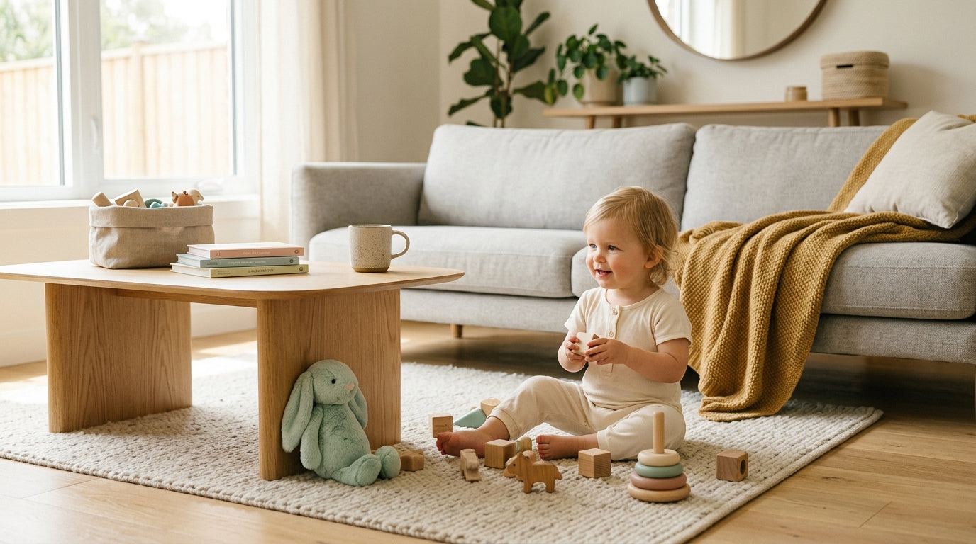 A tired mother holding a newborn while a toddler stares suspiciously