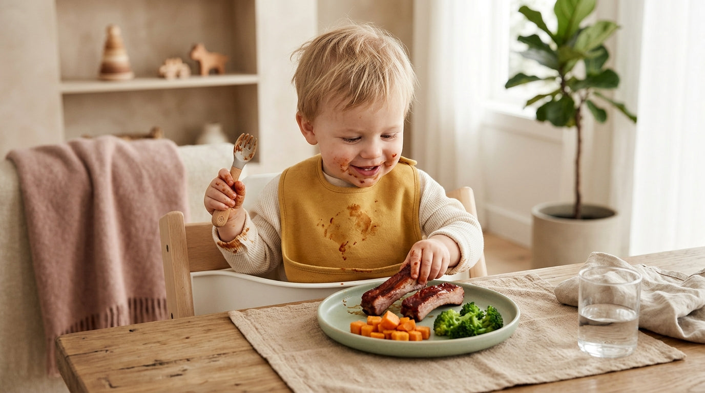 A messy toddler eating shredded smoked pork ribs on a bamboo blanket in the grass.