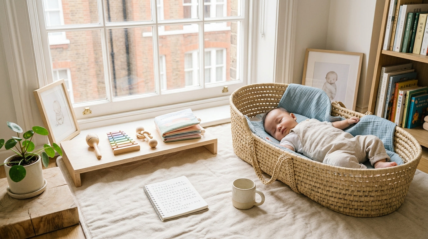 A wooden teething bear resting on a patterned rug next to a speaker