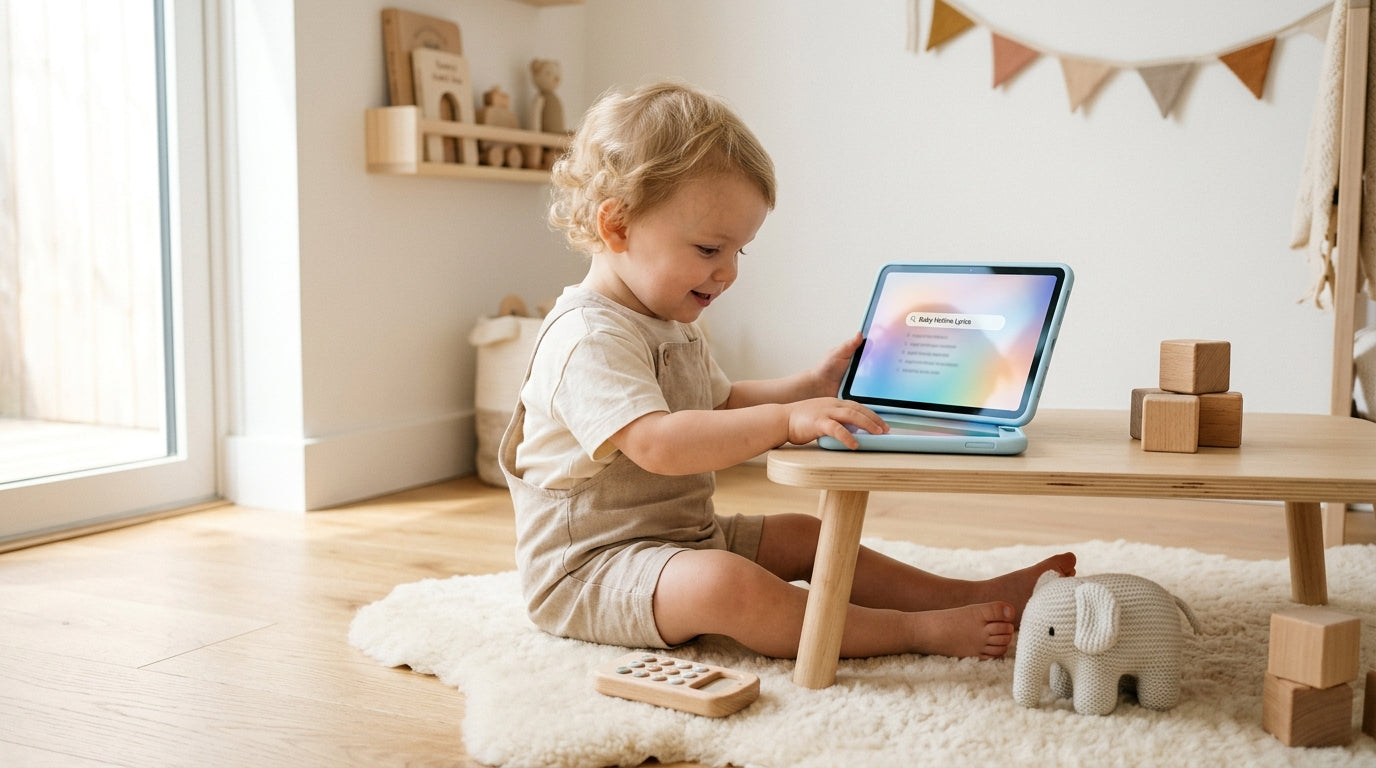 Exhausted twin dad staring at a sticky tablet screen looking deeply confused