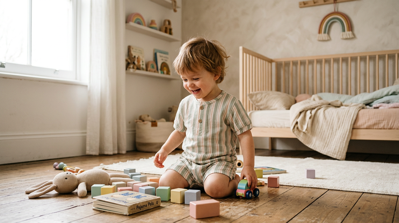 Exhausted mom holding a folded pile of organic cotton toddler summer pajamas.