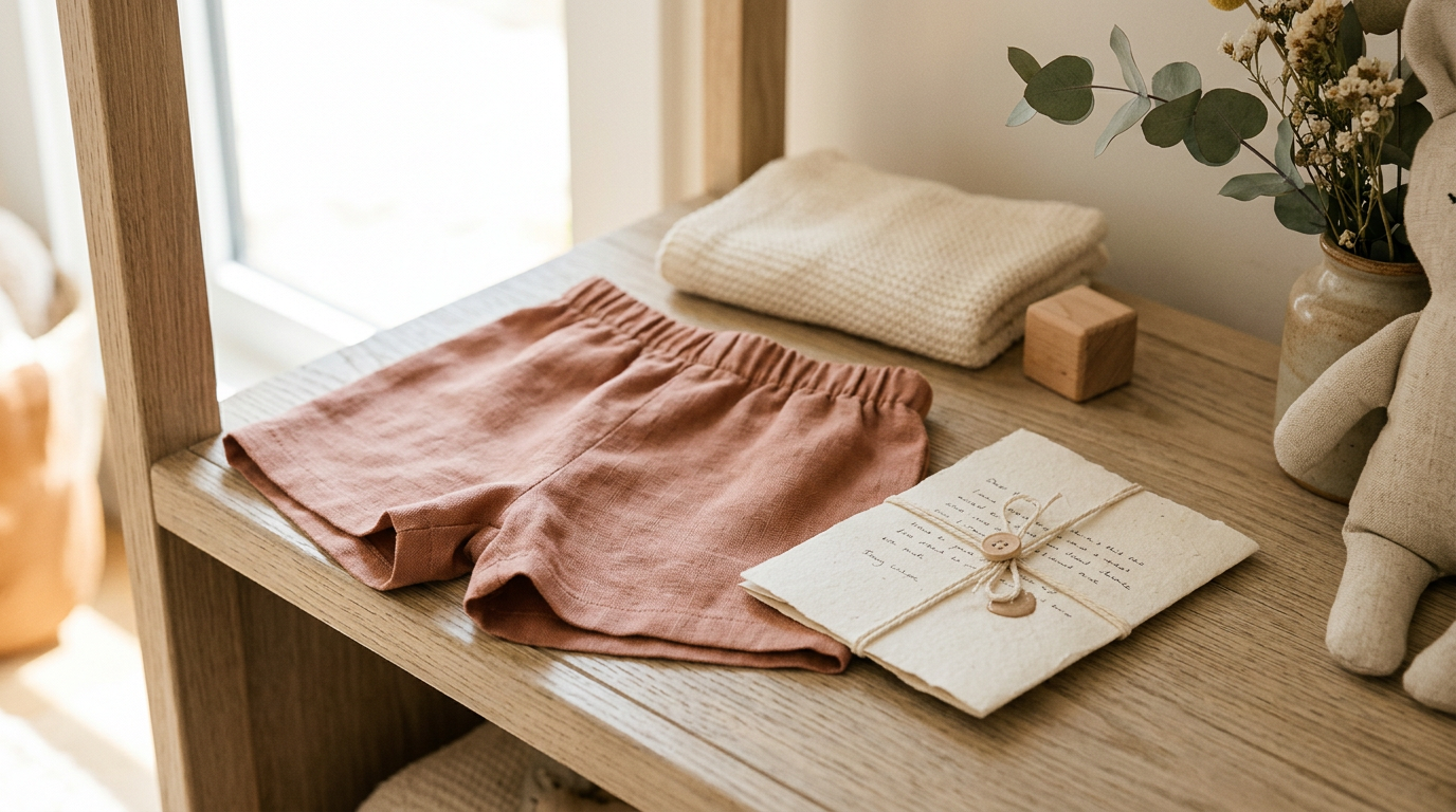 A toddler sitting on the grass wearing black mid-thigh organic cotton shorts