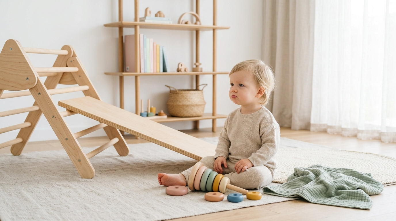 A dad staring at a collapsed block tower while his loser baby cries on a wooden play mat.