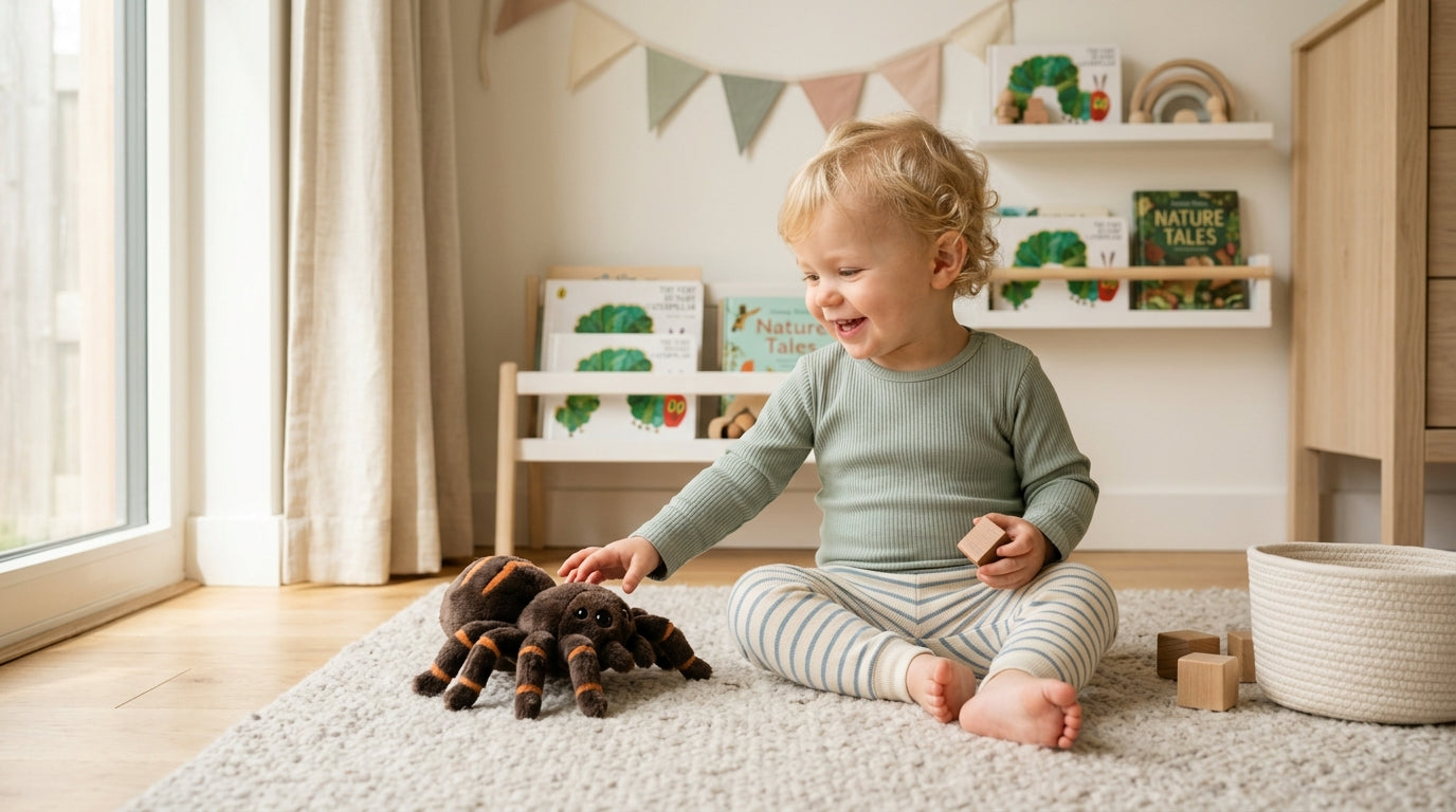Toddler pointing at a tiny spiderling in a plastic container on a kitchen counter