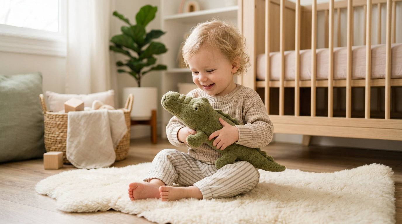Toddler boy playing with green rubber blocks on a messy living room rug