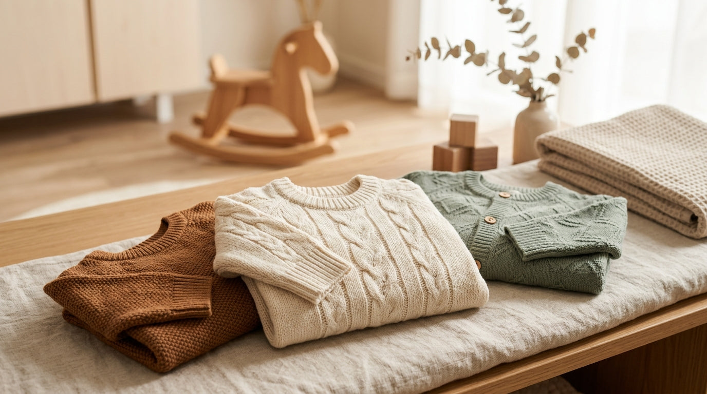 A toddler boy in a neutral organic cotton sweater playing outside in the cold