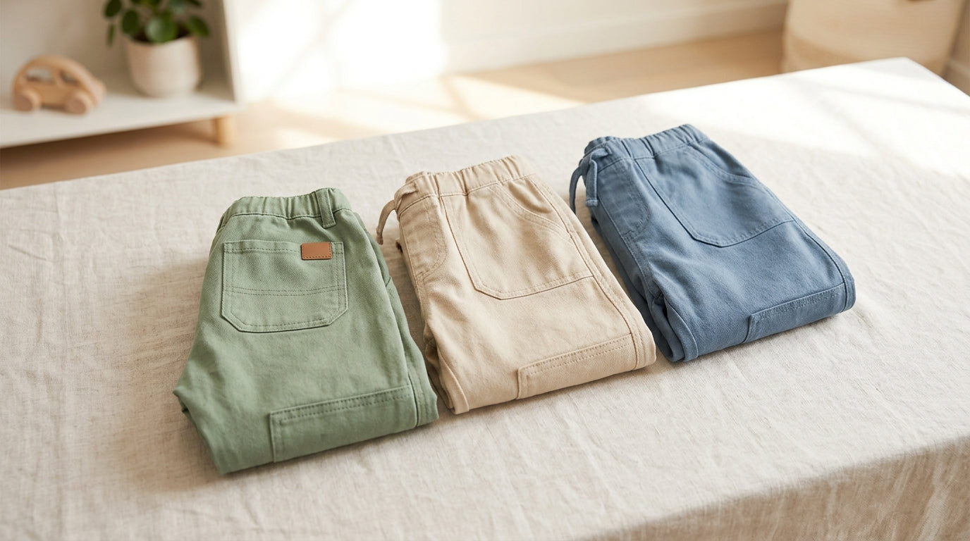 Toddler boy collecting rocks in soft organic cotton pants with pockets