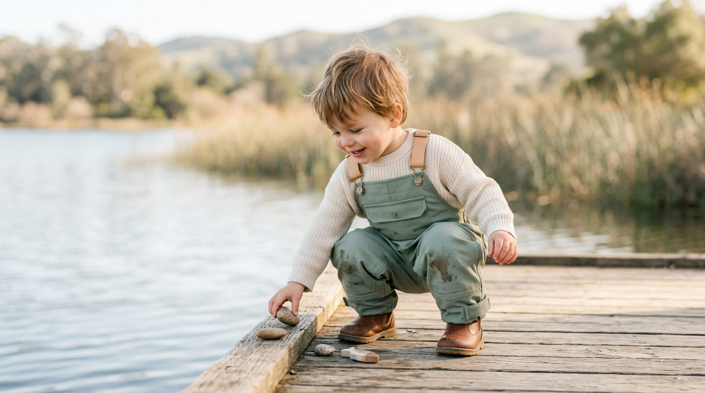 Toddler twins wearing bright yellow waterproof fishing bibs on a wet dock