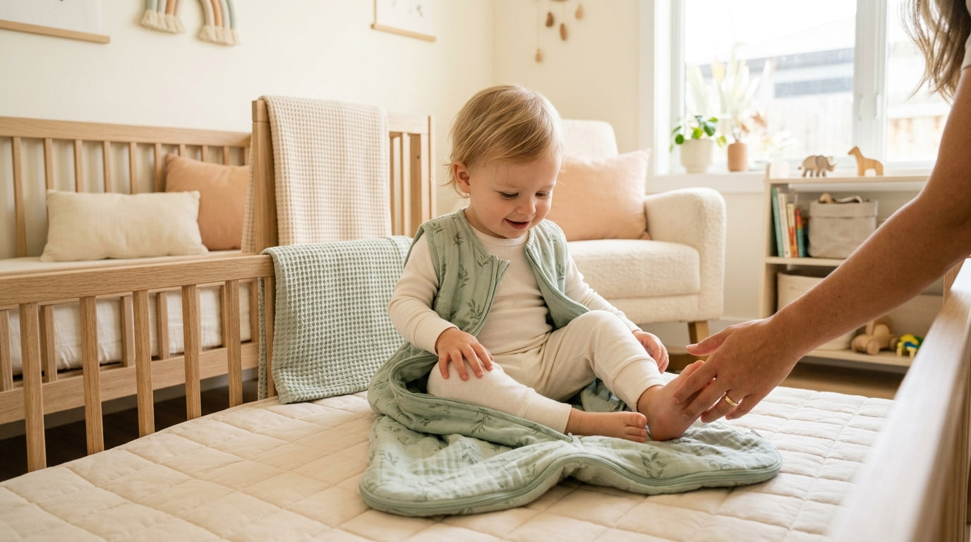 Toddler wearing a bamboo wearable blanket in a dark nursery