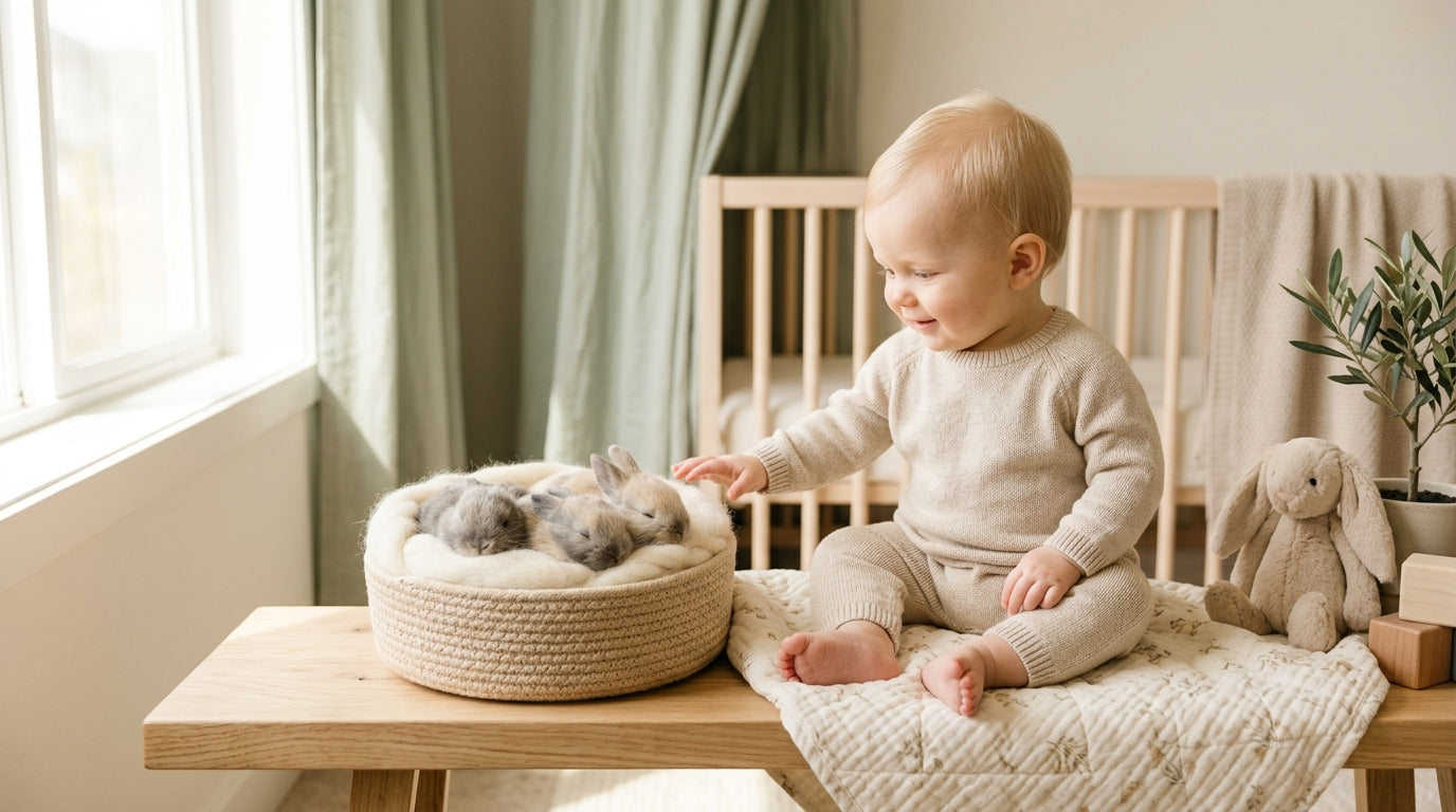 Toddler pointing enthusiastically at a tablet showing a fluffy baby rabbit