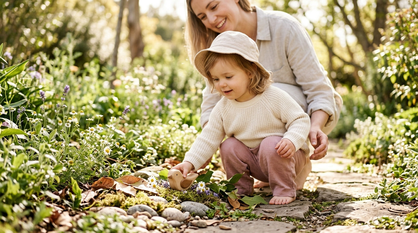 A toddler staring very intensely at a patch of grass in the garden.
