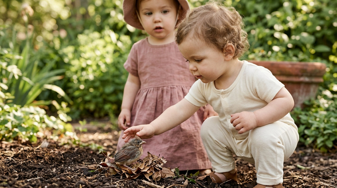 A scruffy brown baby cardinal sitting in the grass near a toddler's shoe.