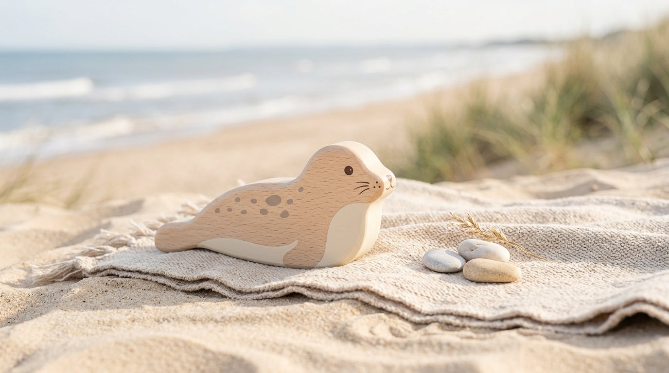 Two toddlers in organic cotton staring at a distant marine mammal on a grey beach