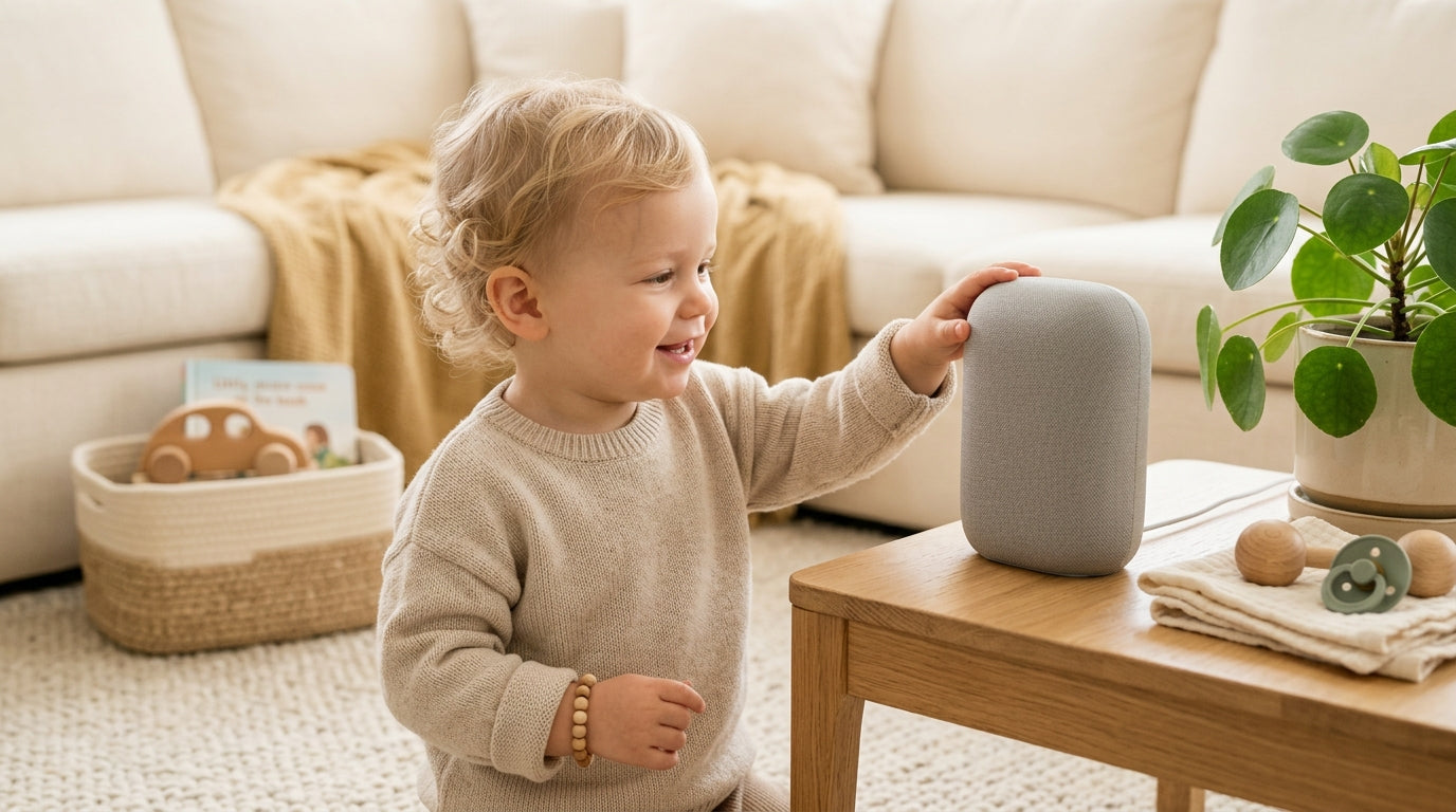 Stressed mom holding coffee while toddler points at a smart speaker playing the explicit Lil Baby new album.