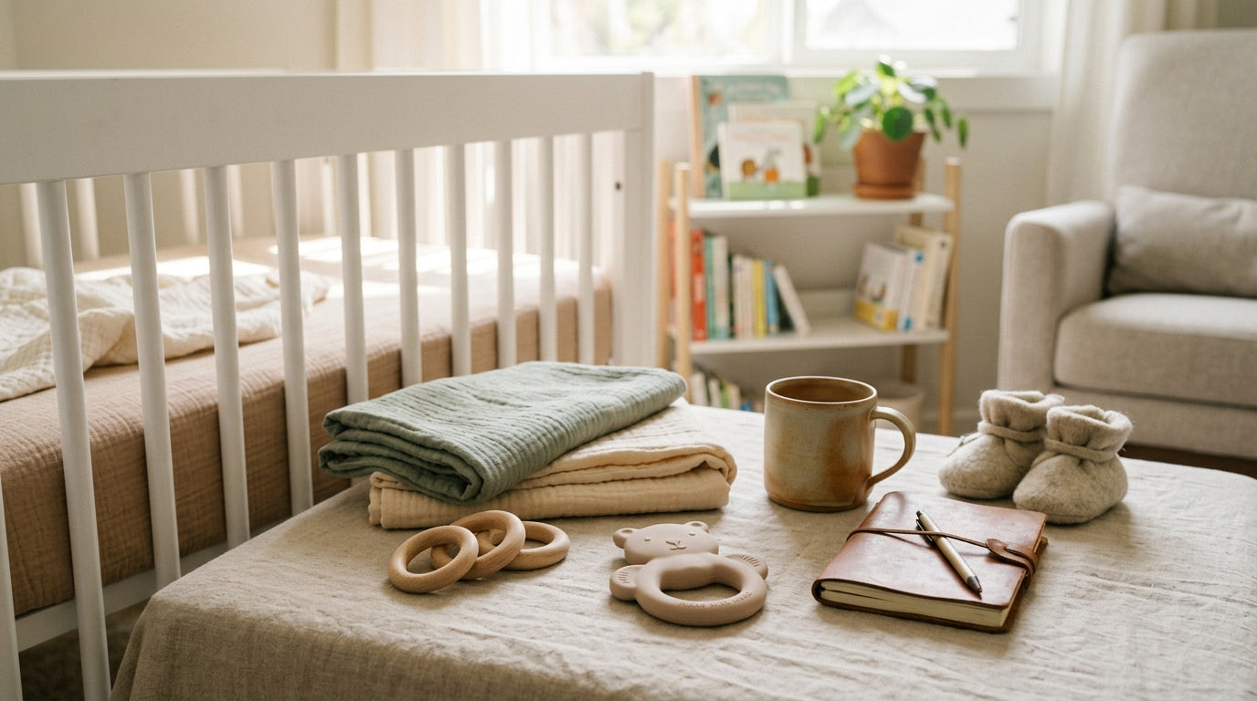 A sleep-deprived dad holding a teething panda toy while staring blankly