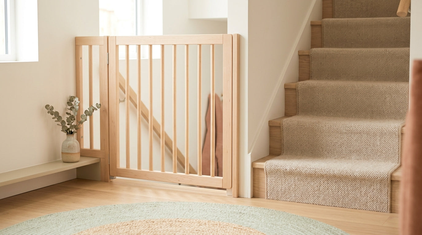 A sleep-deprived dad staring blankly at a hardware-mounted stair barrier while twin toddlers plot to dismantle it