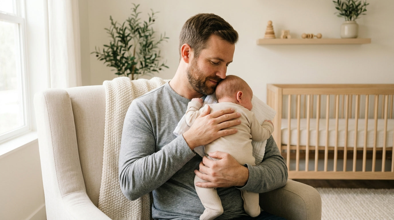 An exhausted British dad holding a crying newborn baby with a tongue tie.